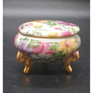 Vintage Trinket/Pill Box Porcelain Colorful Flower Design Gold Trim 3 Legged